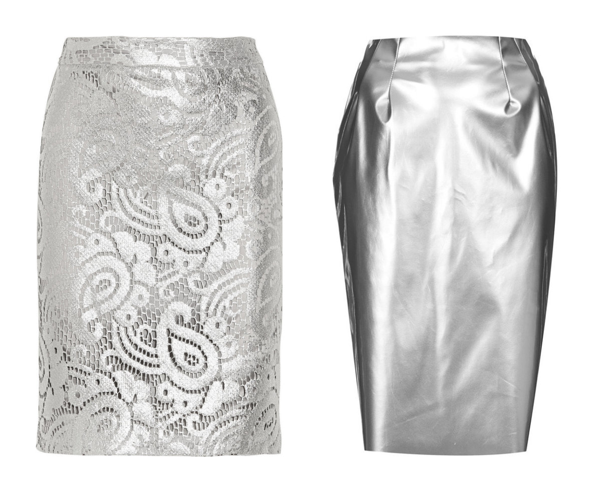 Moschino and Topshop metallic pencil skirts
