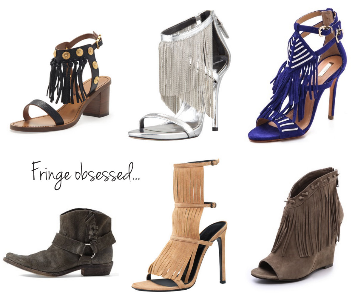 collage of shoes with fringe- Valentino, B Brian Atwood, Schutz, Golden Goose, Gucci, Ash