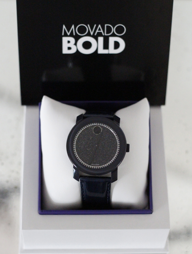 close-up of Movado Bold watch in navy