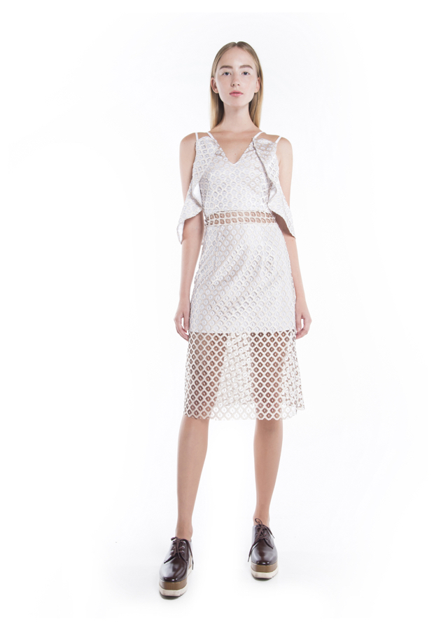 natargeorgiou dress, white, ruffle trim on top, sheer net