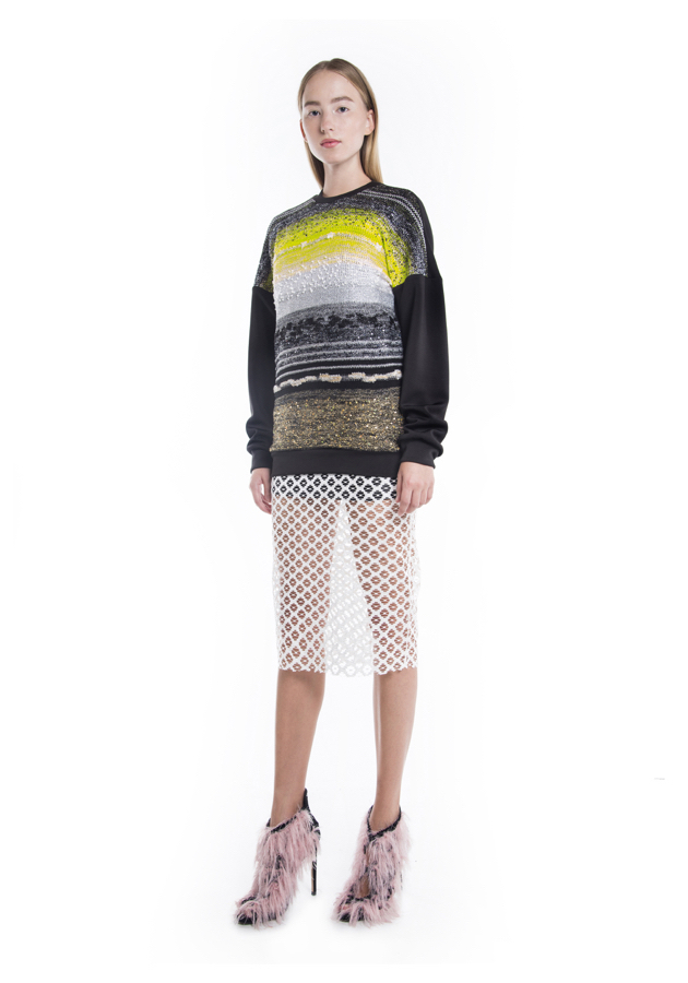 natargeorgiou signature knitted material sweatshirt, sheer lace pencil skirt