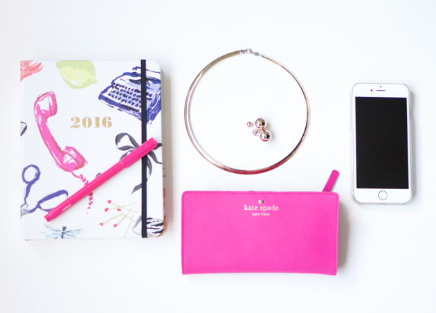 photo of 2016 planner, accessories, kate spade wallet, iphone