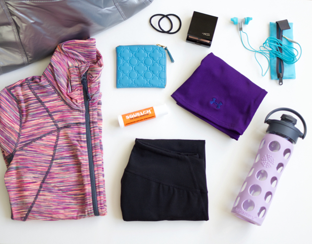 Gym Bag, Zella activewear, Squelch spray bottle, sport earphones, essentials, glass water bottle