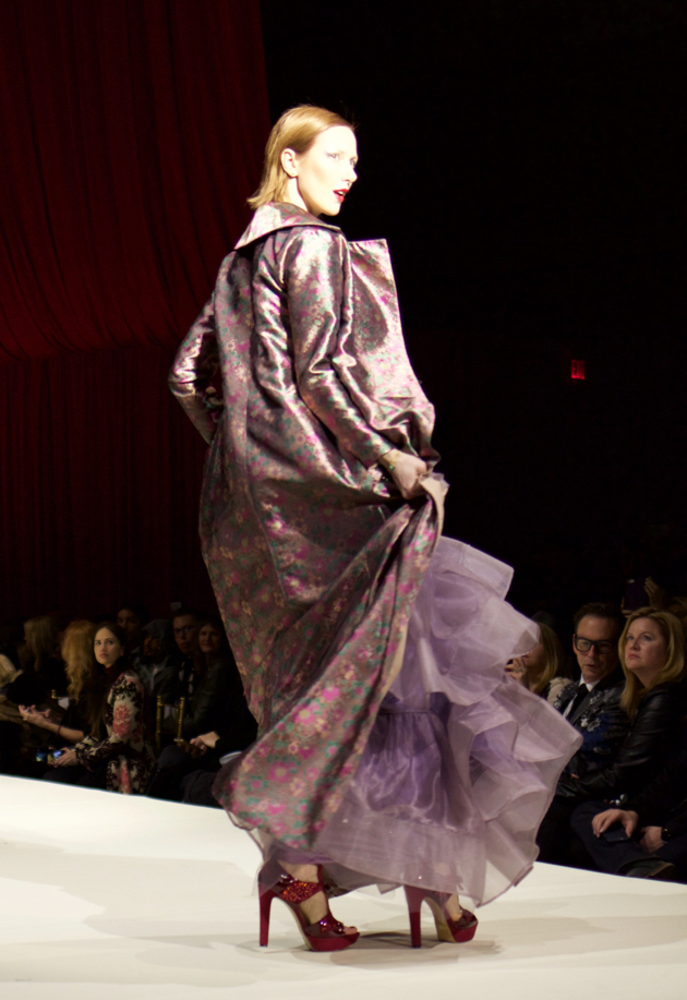 Back view, Malan Breton tiered dress with pink floral brocade full-length coat