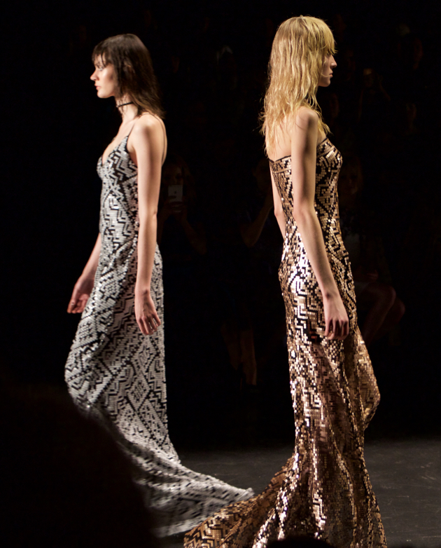 Runway, two dresses with sequined geometric print