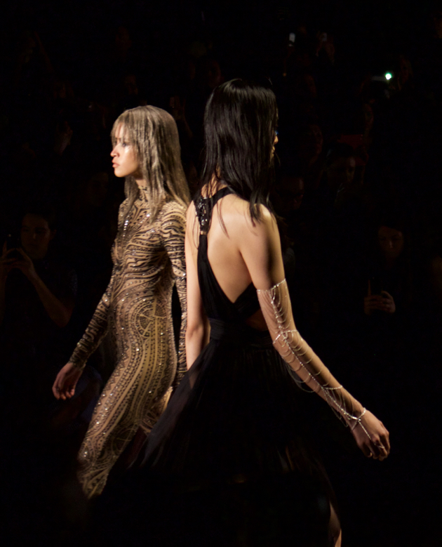 runway, tattoo inspired bodysuit and black gown with Sequin Jewelry arm chain