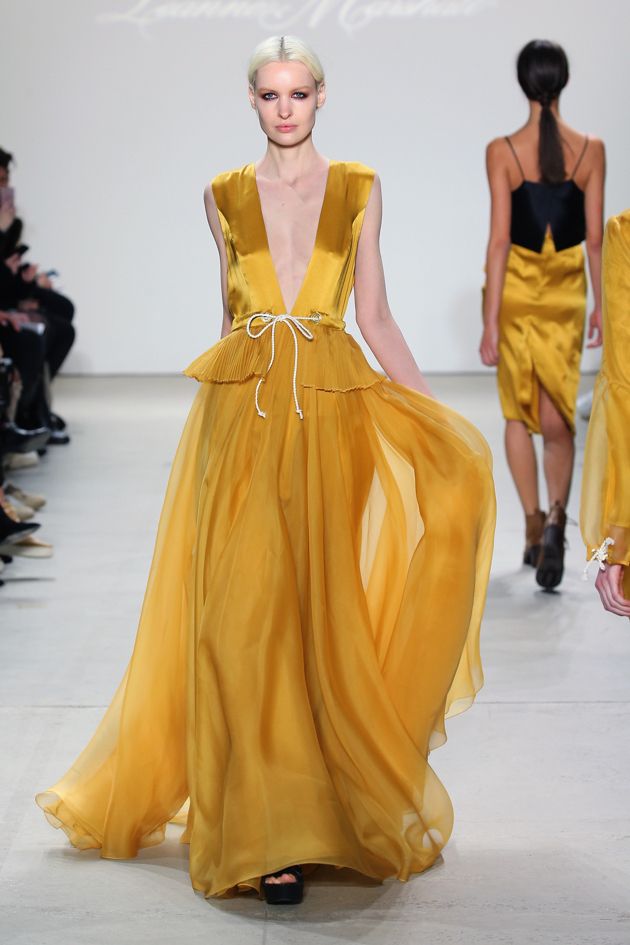 autumn gold plunging v-neck gown with pleat detail at waist