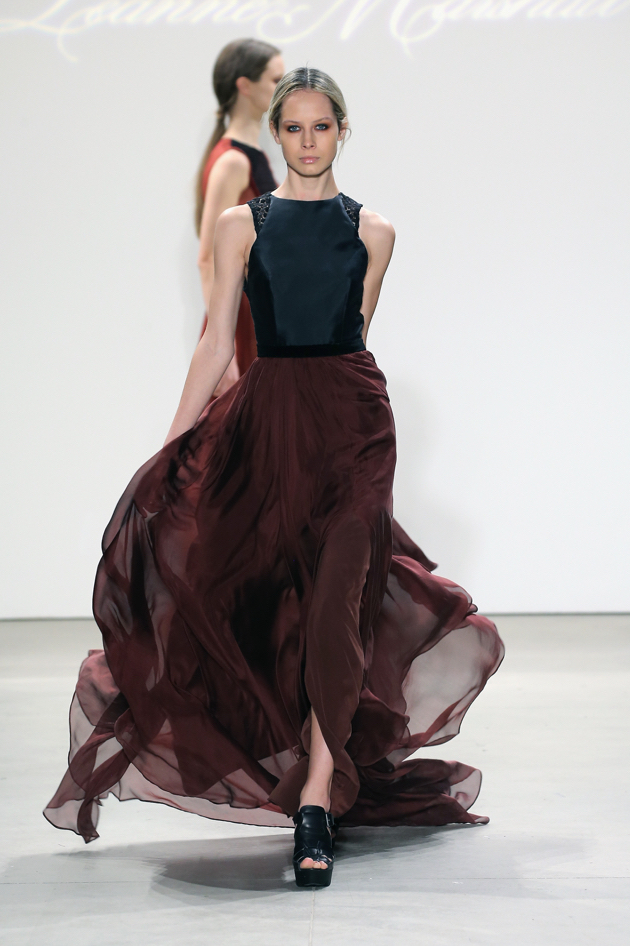 sleeveless gown with burgundy chiffon skirt