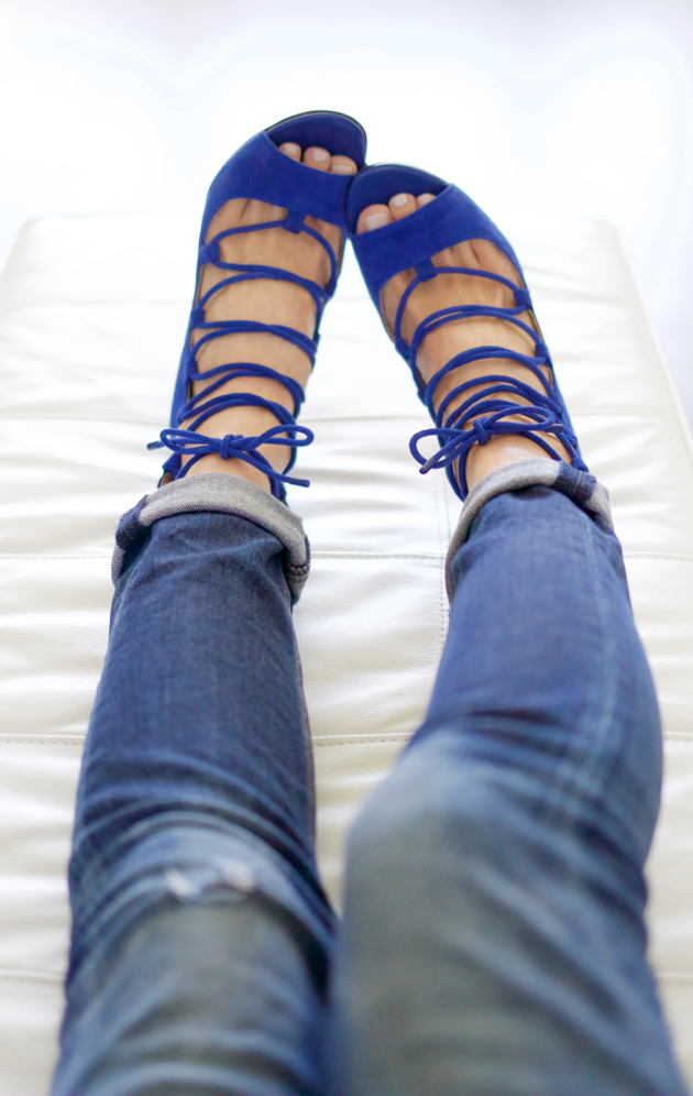 Wearing Blue Lace-up Suede Sandals
