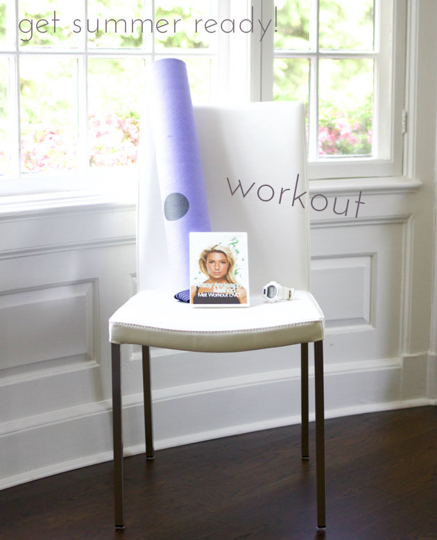 home workout gear - Tracy Anderson DVD, yoga mat, sport watch, chair