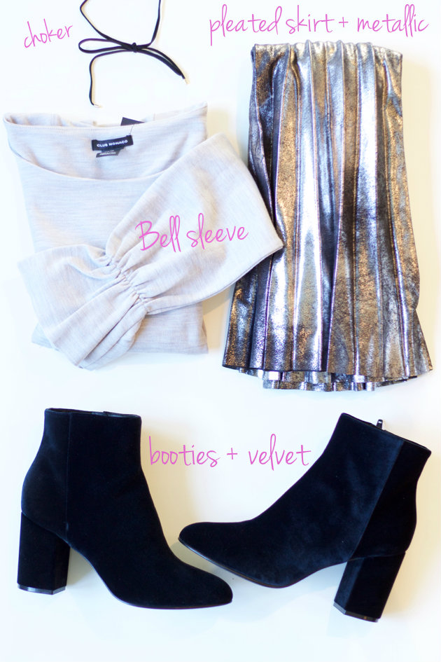 6 Fall Trends- choker, bell sleeves, pleated metallic skirt, velvet booties