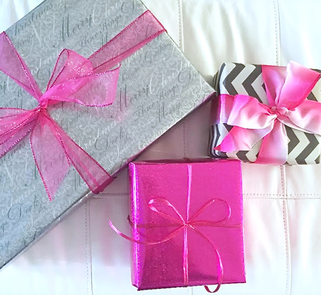 3 Wrapped Holiday Gifts in pink and silver