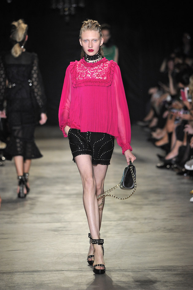 Andrew Gn Spring/Summer 2017 Look 24, fuchsia silk shirt with black rivet-embellished shorts