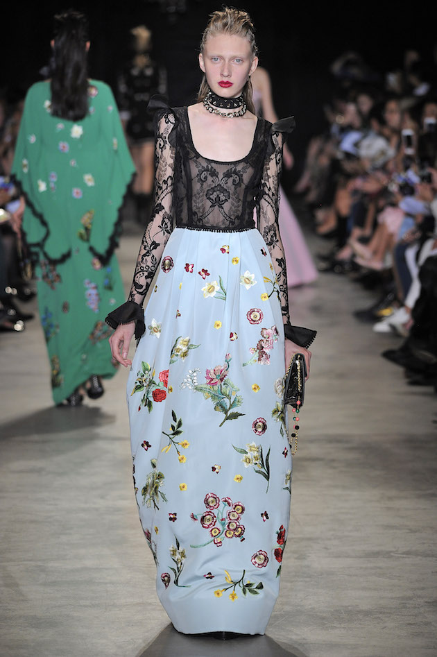 Andrew Gn Spring/Summer 2017 Look 44, evening gown with black lace bodice and Medici garden embroidery