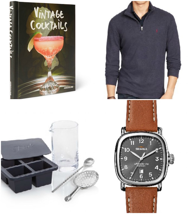 Gift picks- Cocktail recipe book, Polo sweater, Cocktail Kit, Shinola Watch