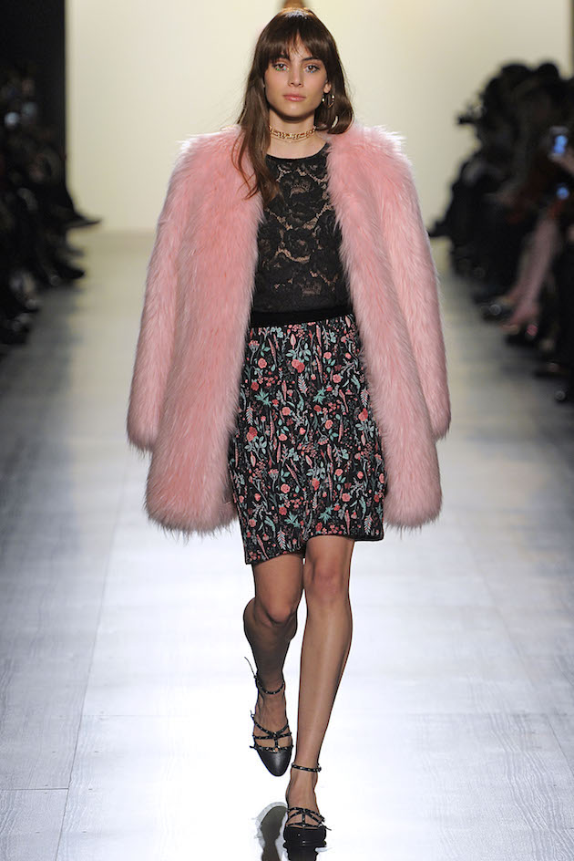 pink faux fur coat with lace top and jacquard skirt