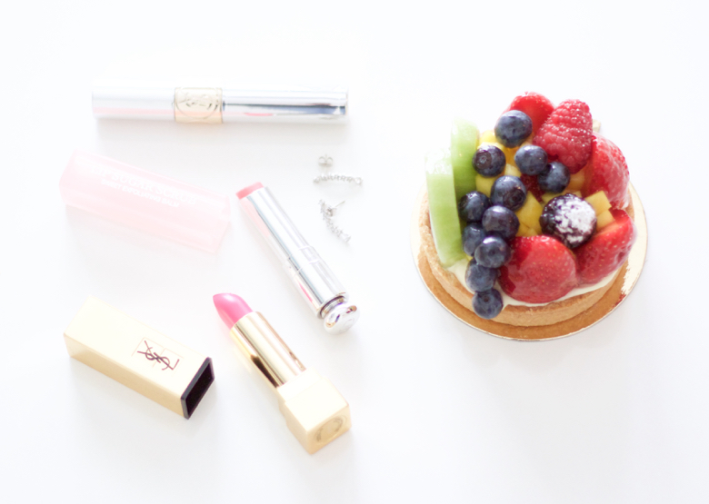 YSL Rouge Pur Couture Lipstick, Dior exfoliating balm, YSL Volupte Tint-in-Oil, Decadent Fresh Fruit Tart