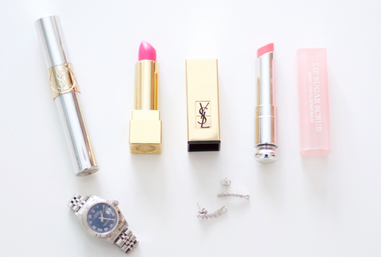 Yves Saint Laurent Rouge Pur Couture Lipstick, Dior exfoliating lip sugar scrub, YSL Volupte Tint-in-Oil, Decadent Fresh Fruit Tart