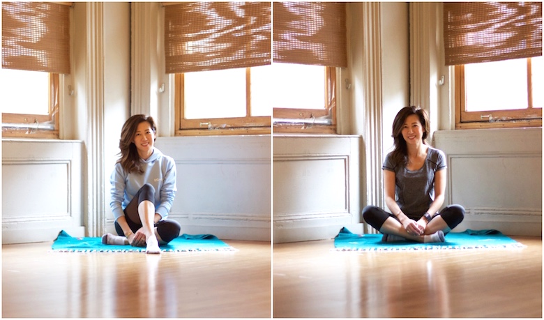 Boohoo FIT workout outfit, wearing sweatshirt and yoga tee in two seated poses