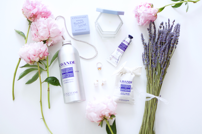 Flatlay of Aromatic Lavender Gift Set from L'Occitane, peonies, lavender, jewelry
