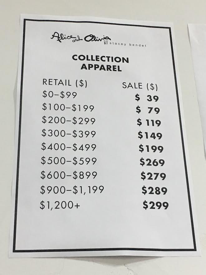 Sample Sale Pricing for Alice and Olivia 2017