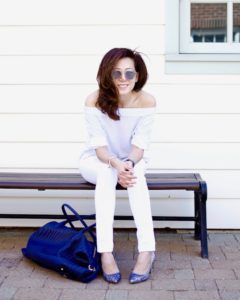 OOTD with Off-the-Shoulder Top, 7 for All Mankind Jeans and Deux Lux Bag