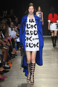 Andrew GN Spring 2018, Dress with calligraphy and blue trench coat