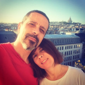 Isabelle Prat with husband, RLP, at her penthouse workspace in Paris