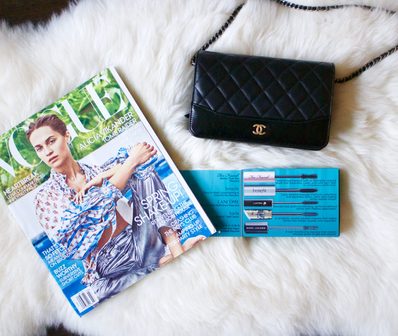 Vogue Magazine, Chanel wallet on a chain Purse, Mascaras to review