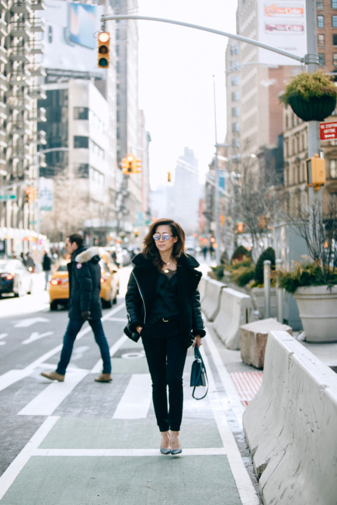 Winter Streetstyle OOTD with Acne shearling velocite jacket, Cami NYC, KACYYOM bag in Flatiron NYC