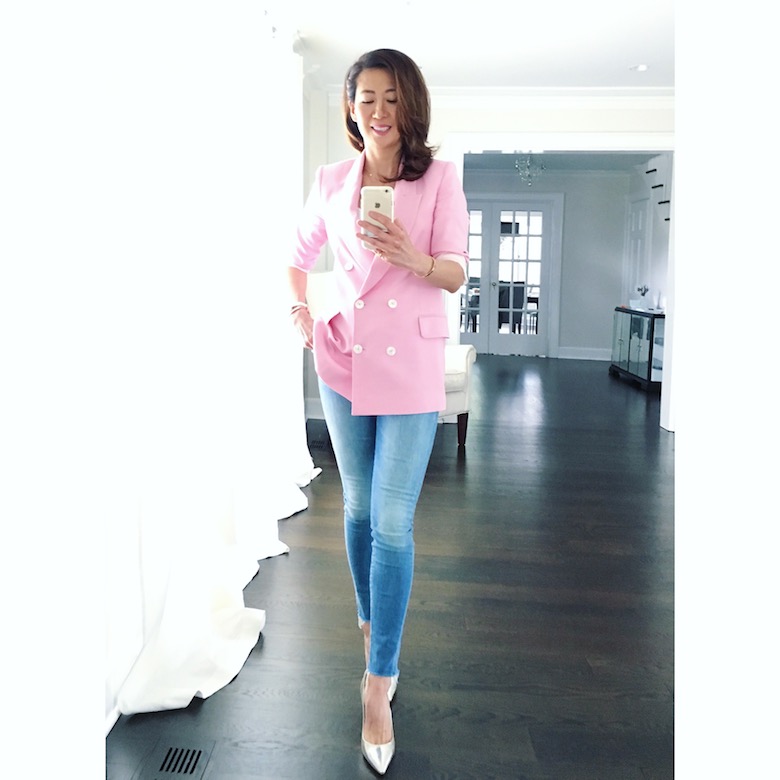 Outfit of the Day, Pink Zara Blazer, Mother Denim ankle fray jeans, Jimmy Choo Silver Heels