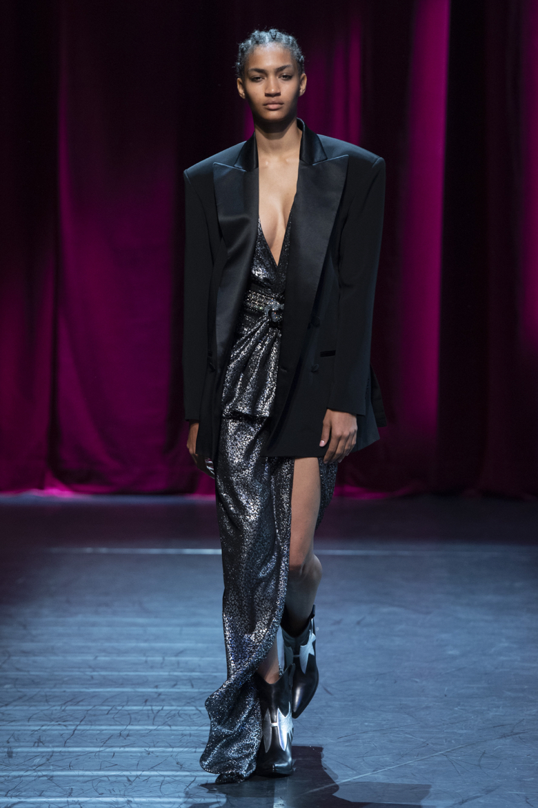Redemption Summer 2019, Paris Fashion Week, model wearing dress with oversized tuxedo jacket