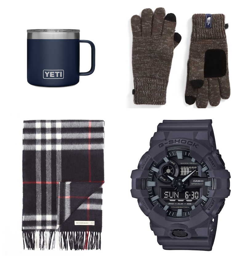 Holiday Gifts For Him, Yeti Mug, North Face Tech Gloves, Burberry Scarf, G Shock Watch