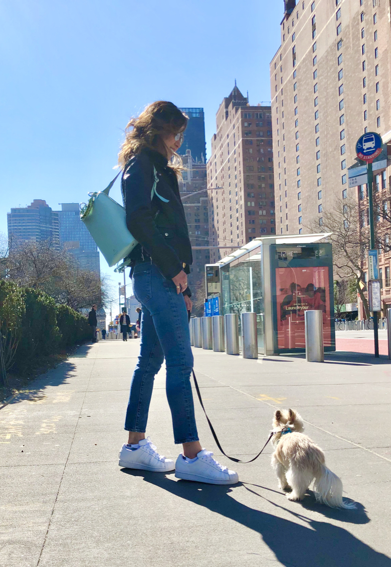 Walking my dog in NYC with my favorite white Adidas Superstar sneakers!