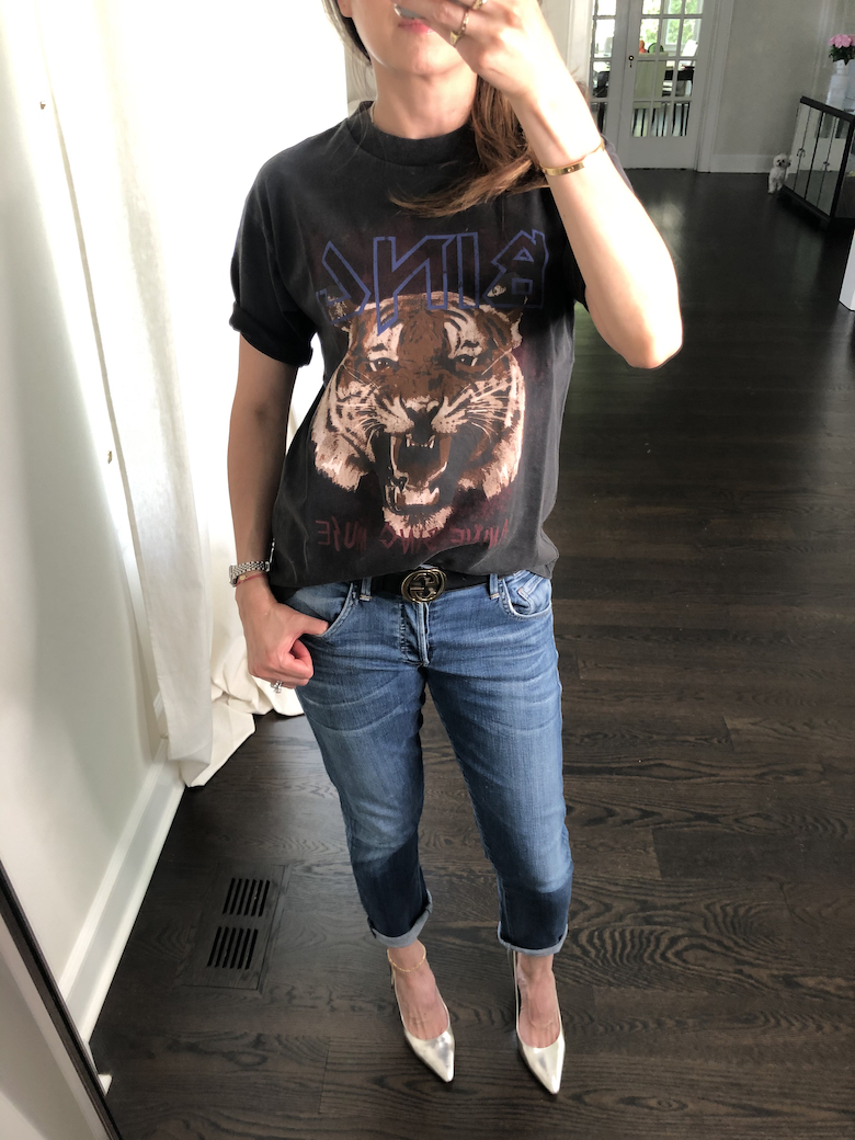 Wearing Anine Bing graphic tee and jeans highlighted in the Nordstrom Anniversary Sale 2020, OOTD, Outfit
