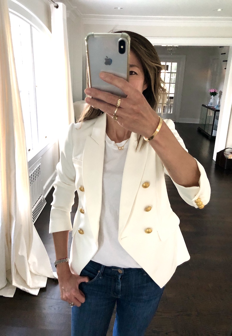 What to buy for fall - White double breasted jacket with gold buttons