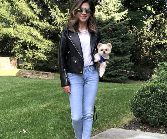 Wearing faux leather moto jacket, a Fall Fashion Must Have